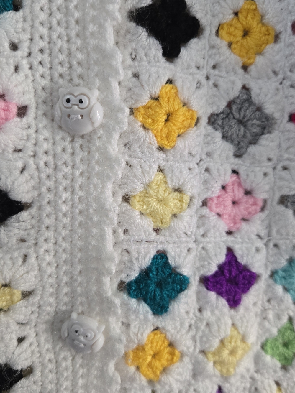 Vintage Handmade Crochet Granny Square Cardigan Kids Girls 4T Owl Buttons Boho - Picture 4 of 10